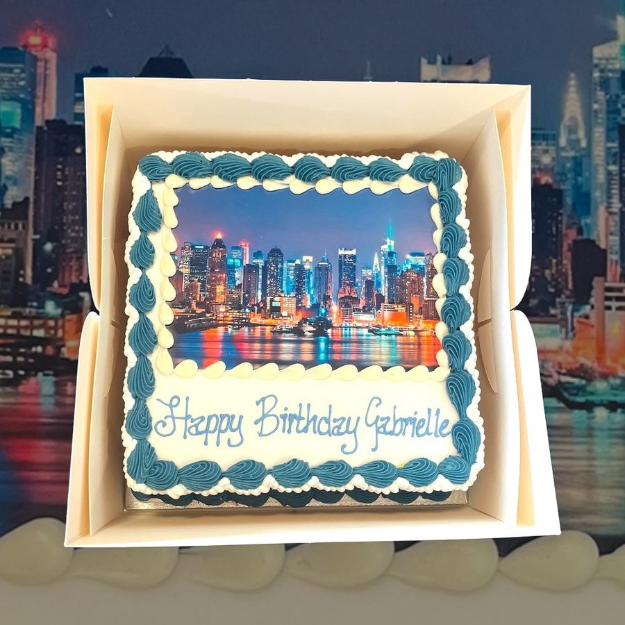 City skyline photo birthday cake