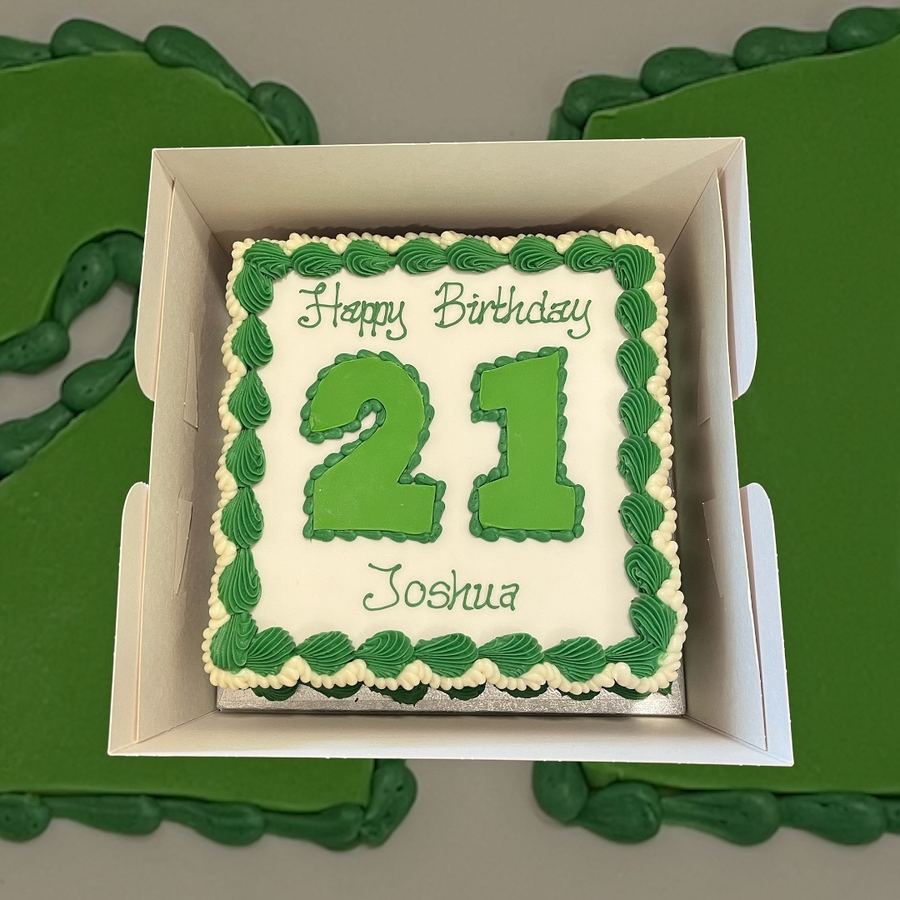 Green number 21 birthday cake