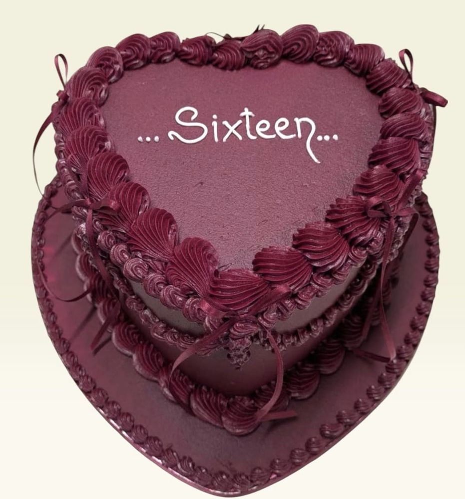 Burgundy heart-shaped Lambeth cake for a 16th birthday