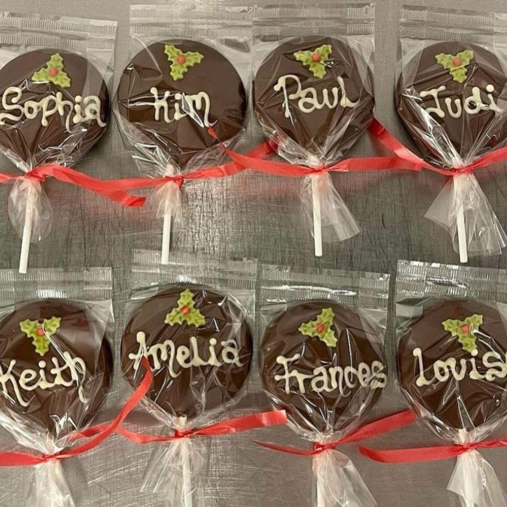 Personalised Christmas chocolate lollies with holly